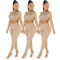 Popular Fall Autumn Jumpsuit Two Piece Crop Top and Long Pants Sexy Romper Jump Suit Women Khaki Bodycon Jumpsuit